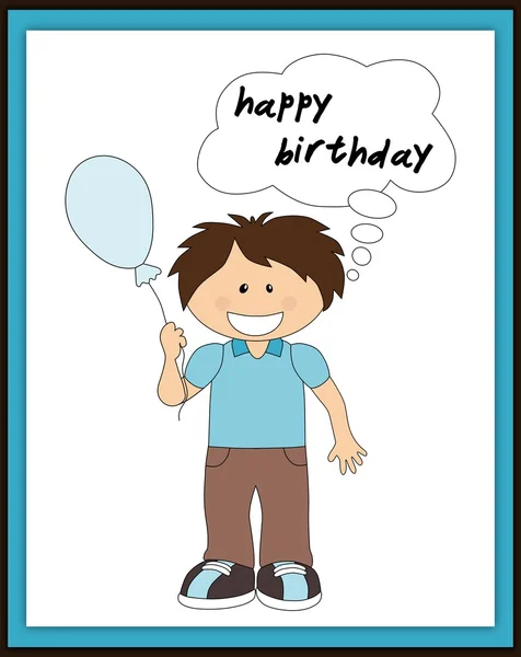 Happy birthday card with smiling boy, balloon and speech bubble — Stock Photo, Image