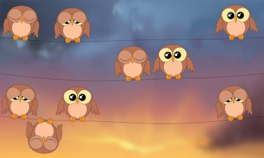 Owls sitting on power lines against stormy sky clipart