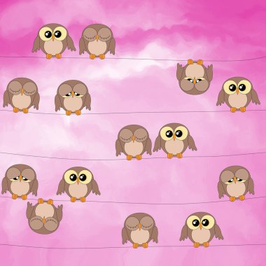 Pembe gökyüzüne karşı güç hatları oturan baykuşlar