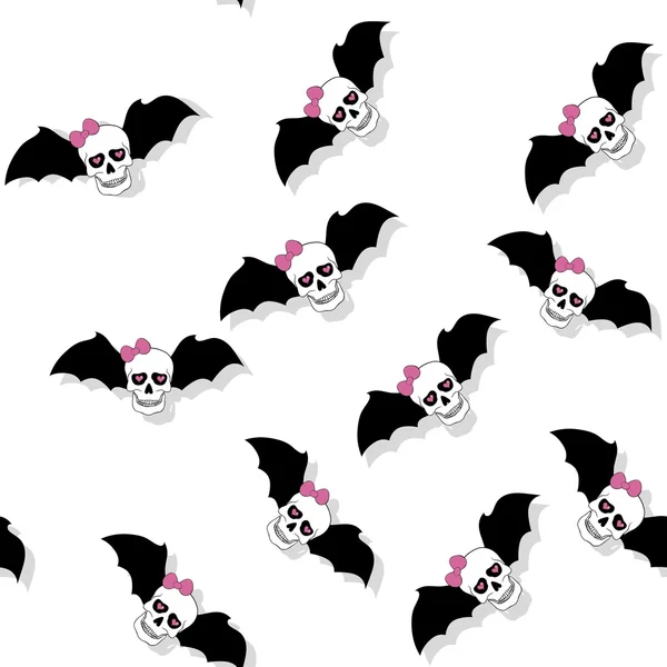 Scattered skulls with pink bow and bat wings. Seamless pattern — Stock Photo, Image