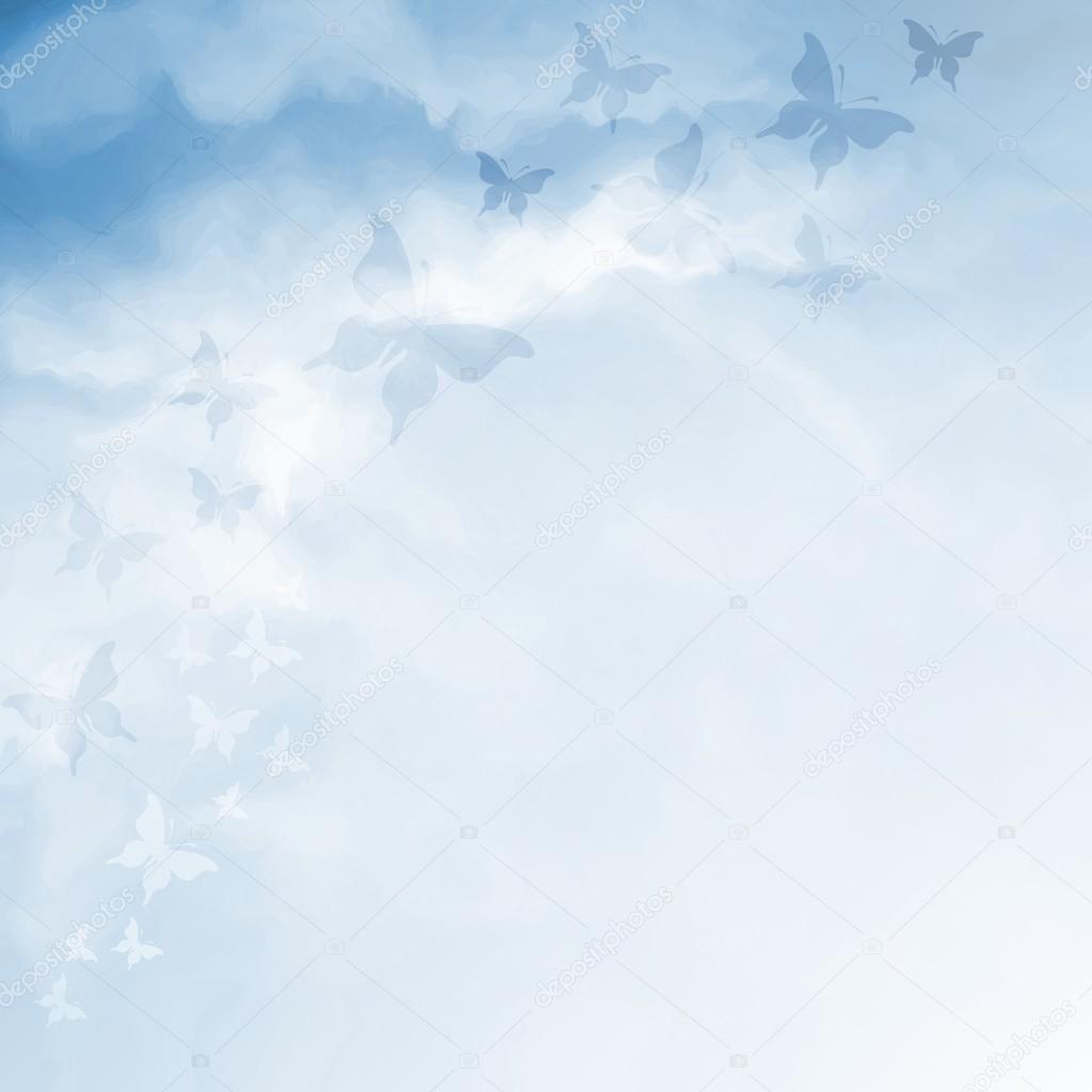 Blue sky drawing with butterflies and copy space