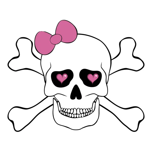 Calavera con lazo rosa y corazones en cuencas oculares — Vector de stock