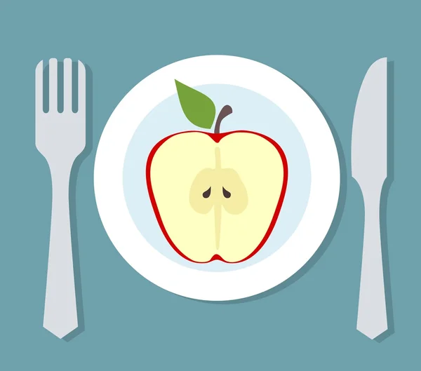Placa con manzana, tenedor y cuchillo. Tema de dieta — Vector de stock