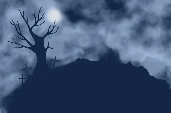 Tree, crosses and moon on a foggy night — Stock Photo, Image