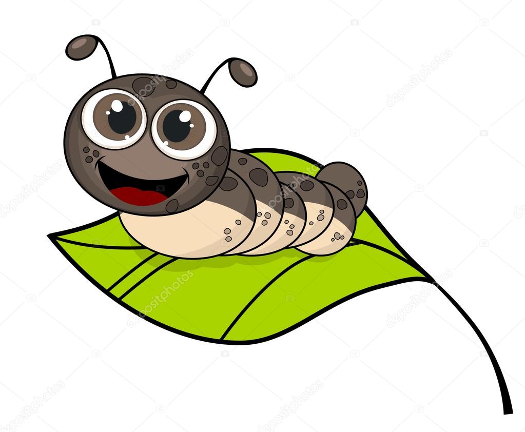 Cute smiling cartoon caterpillar on fresh green leaf