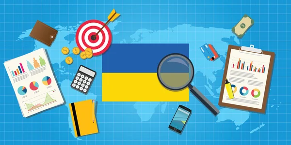 Ukraine Wirtschaft wirtschaftlicher Zustand Land mit Diagramm und Finanzwerkzeuge Vektorgrafik — Stockvektor