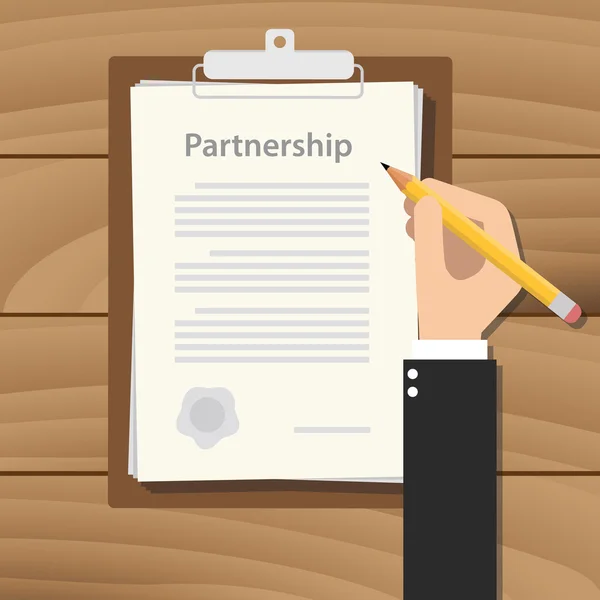 Partnership concept agreement with hand hold pencil signing paper document on clipboard on wood table — Stock Vector