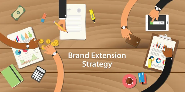Illustration de stratégie d'extension de marque avec travail d'équipe en haut du tableau avec graphique de document papier argent — Image vectorielle