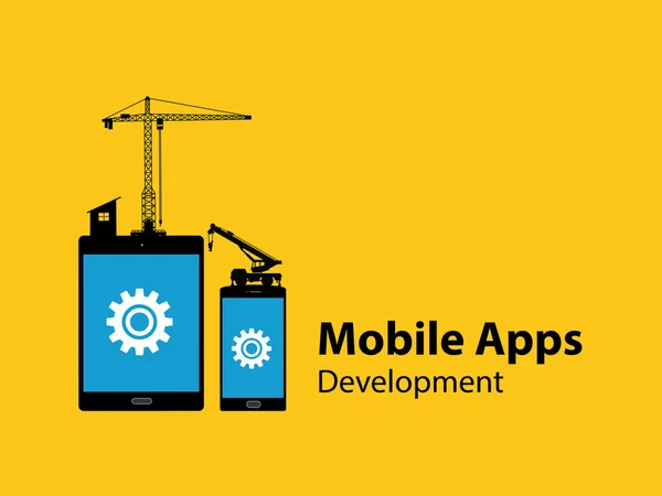 mobile apps development concept with tab and smartphone  gear  construction tools