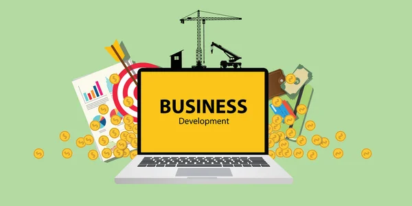 Business Development Konzept mit Laptop-Geld und Gold Target Diagramm auf Papier Dokumentenbau-Tools — Stockvektor