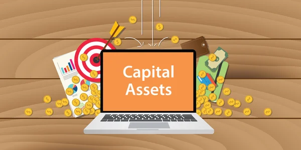 Ilustración de los activos de capital escrito en el ordenador portátil de texto con el gráfico de papel moneda de oro y el gráfico de fondo de madera — Vector de stock