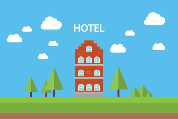 Concepto de hotel con edificio de pie cielo azul fondo árbol plano — Vector de stock