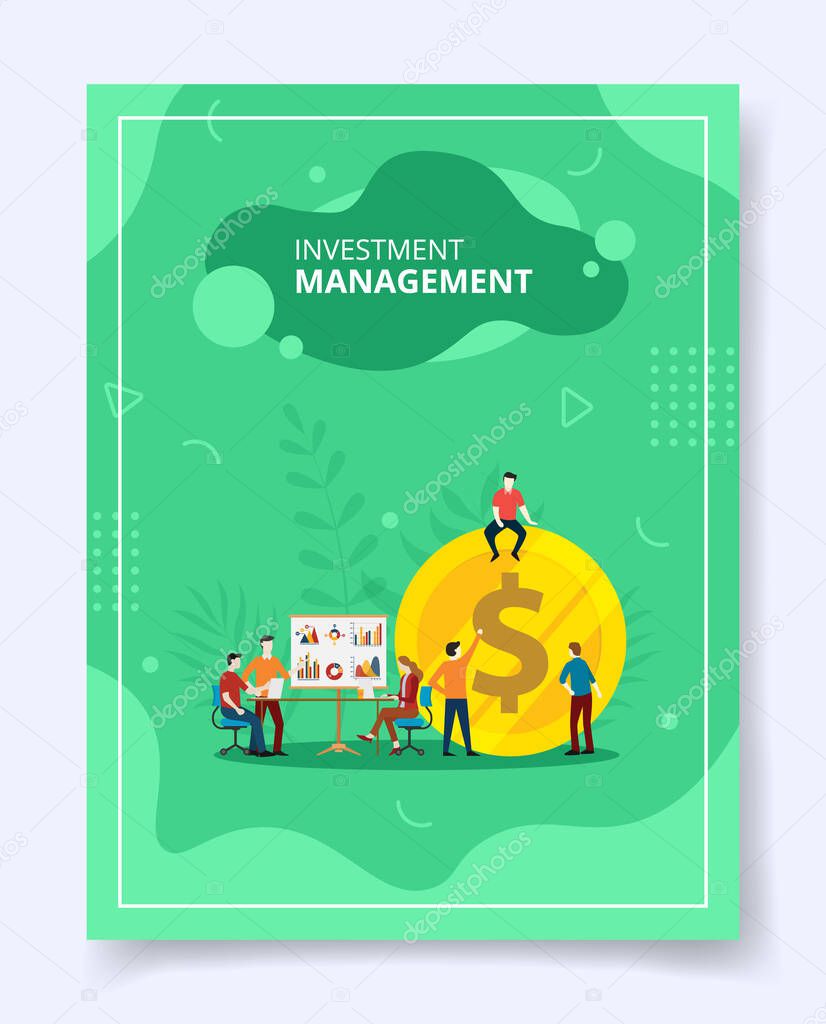 Investment management people meeting sitting on money dollar for template of banners, flyer, books cover, magazines with liquid shape style vector design