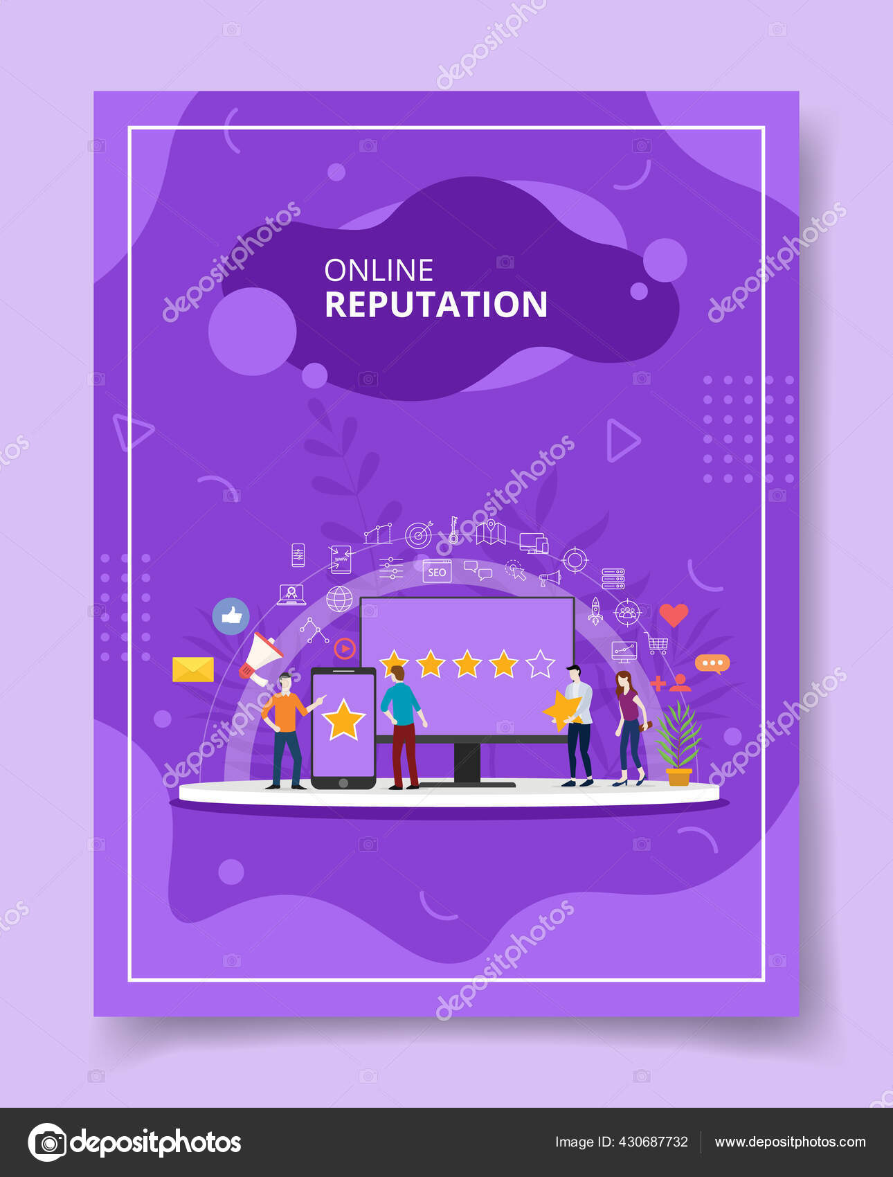 Online Reputation People Standing Front Computer Stars Rank Rate Screen ...