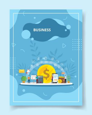 Büyük madeni para hesap makinesinin etrafında duran iş adamları akıllı telefon cüzdan megafon zarf çizelgesi şablonu için pano, broşür, kitap kapağı, sıvı şekilli vektör tasarımı olan dergiler