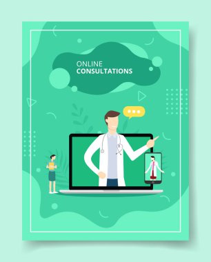 Çevrimiçi danışma kadınları ekranda afiş, broşür, kitap kapağı, sıvı şekilli vektör tasarımlı dergiler için akıllı telefon doktorlarının etrafında dolaşıyorlar.