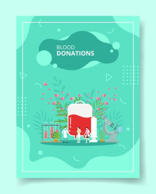 Kan bağışı yapan insanlar pankart, broşür, kitap kapağı, sıvı şekilli vektör tasarımlı dergiler için ön kan paketleri hazırlıyorlar.