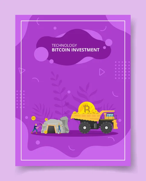 Tecnología Bitcoin Inversión Mineros Excavación Cueva Minería Camión Transporte Moneda — Vector de stock