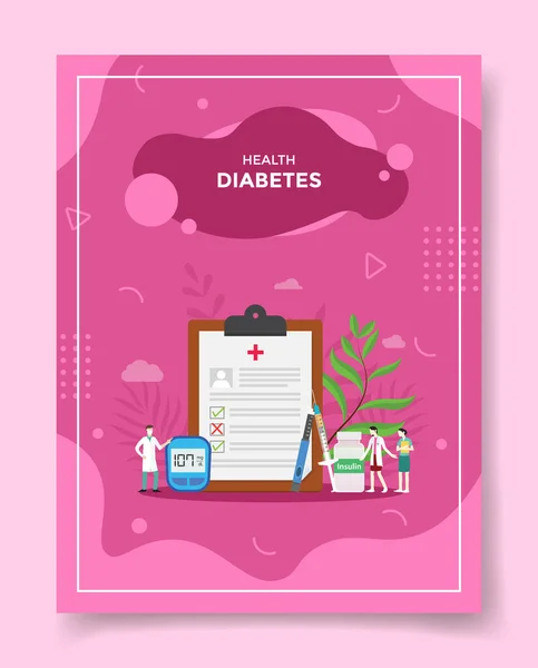 健康糖尿病的概念人们医生们围绕着病人简介夹板药物胰岛素注射器血液检测模板 书籍封面 有液体形状矢量设计的杂志插图 — 图库矢量图片