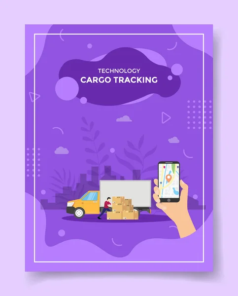 Cargo Tracking Men Front Box Package Van Hand Hold Smartphone — Διανυσματικό Αρχείο