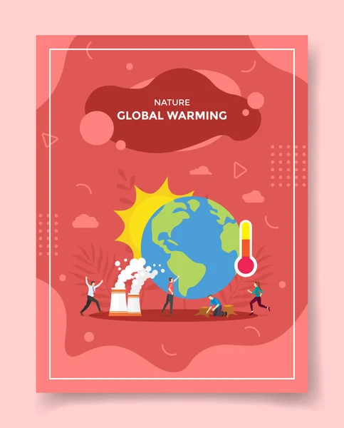 Global Warming Cooncept People Panic Earth Sun Thermometer Smoke Template — Vector de stock