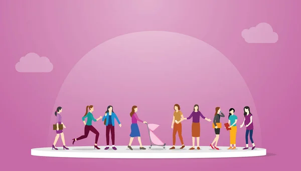 女性の女の子が現代的なフラットスタイルのベクトルイラストと一緒に立ってフェミニズムの概念 — ストックベクタ