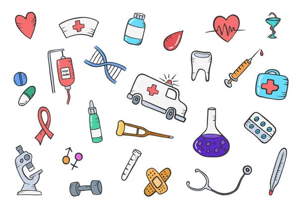 Salud Cuidado Salud Doodle Médico Dibujado Mano Conjunto Colecciones Con — Vector de stock