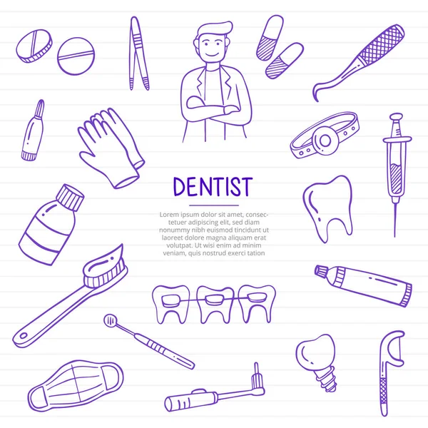 Trabalho Dentista Profissão Trabalho Doodle Mão Desenhada Com Estilo Esboço — Vetor de Stock