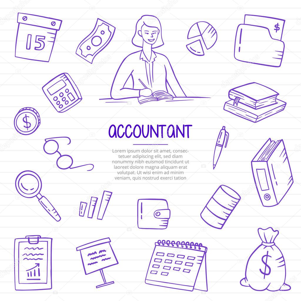accountant job or jobs profession doodle hand drawn with outline style on paper books line vector illustration