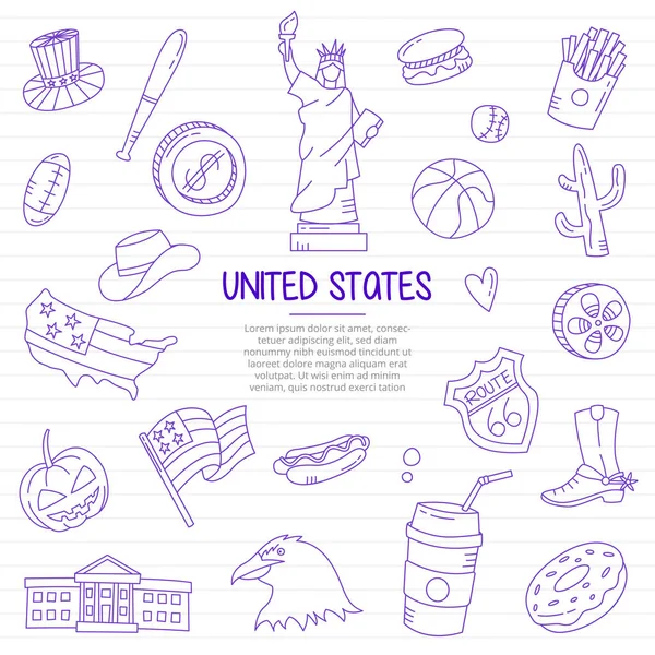 Eua Estados Unidos Nação País Doodle Mão Desenhada Com Estilo — Vetor de Stock