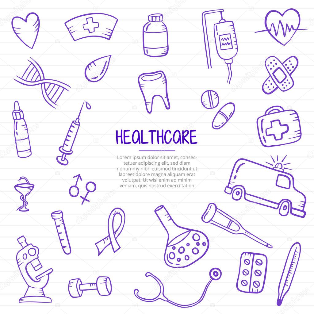 healthcare industry doodle hand drawn with outline style on paper books line vector illustration