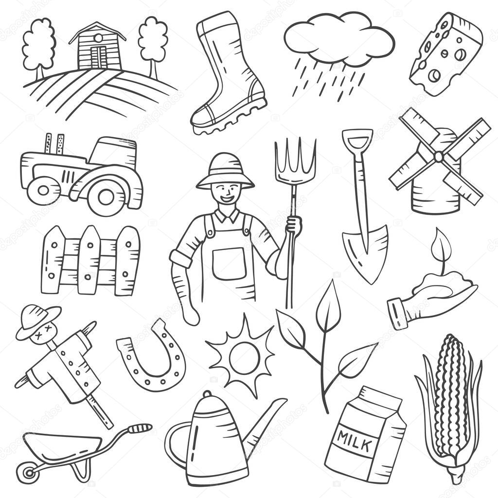 farmer jobs or profession doodle hand drawn set collections with outline black and white style vector illustration