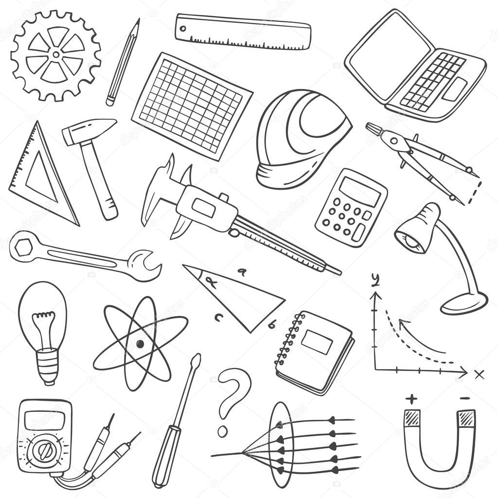 engineer or engineering jobs or profession doodle hand drawn set collections with outline black and white style vector illustration