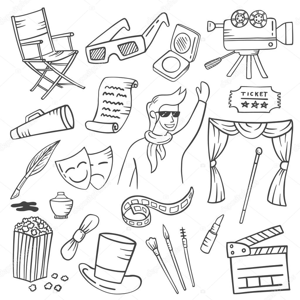 actor or artist jobs or profession doodle hand drawn set collections with outline black and white style vector illustration