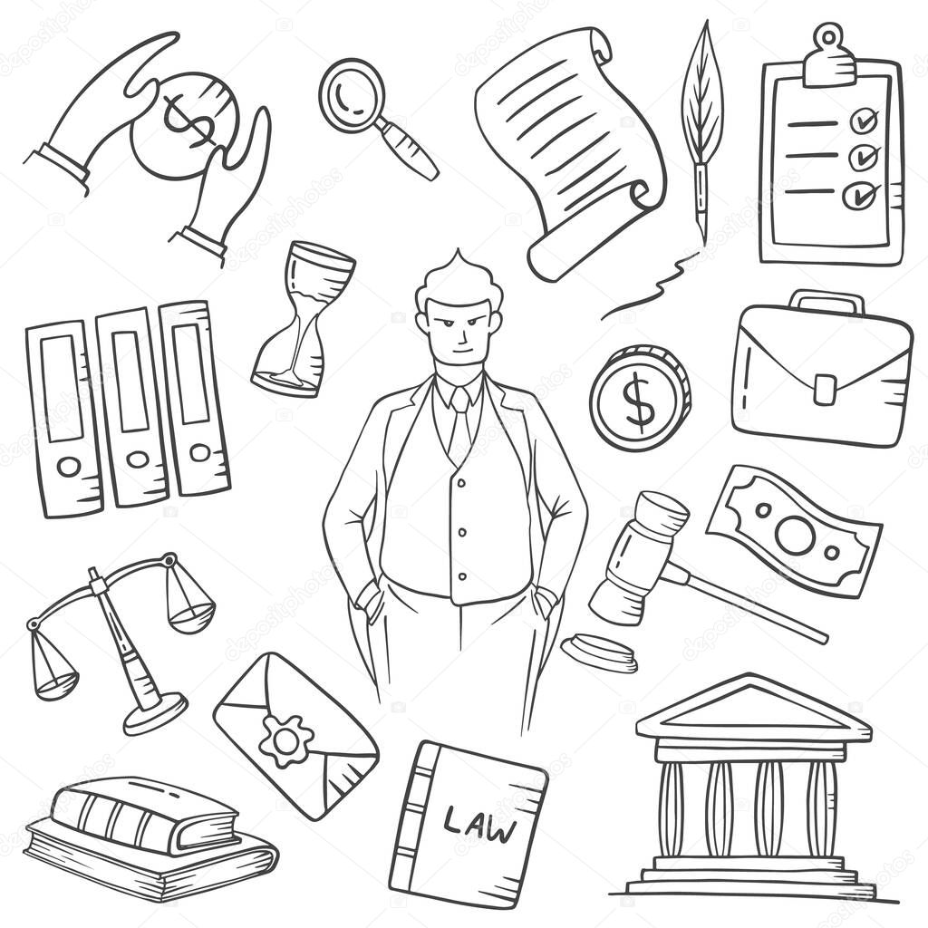 lawyer jobs or profession doodle hand drawn set collections with outline black and white style vector illustration