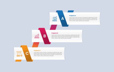 Parlak gradyan biçimli 3 nokta bilgi grafiği, üç segment bilgi vektörüyle şerit çizgisi bağlantısı olan büyüme istiflenmiş liste