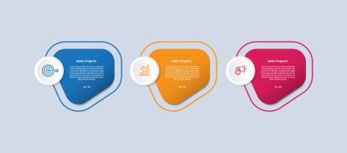 Parlak grafikli 3 nokta bilgisi, sıvı sıvı şekilli dış hatları çember rozetli ve üç bölümlü bilgi vektörlü.