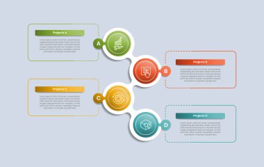 Pırıl pırıl gradyan stiline sahip 4 nokta bilgi grafiği, büyük daire, sıvı çember, dış hat kutusu, dikey zıt liste ve dört doğru bilgi vektörü.