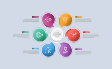 Dairesel döngü üzerinde altı parçalı bilgi vektörü ile çember merkezli 6 noktalı bilgi grafikleri ve çember biçimi.