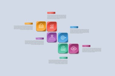 Parlak gradyan biçimli 6 nokta bilgisi, kare yuvarlak kutu ile şelale şeklindeki kesik yapı ve altı segment bilgi vektörü