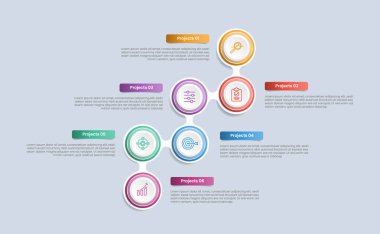 Parlak gradyan biçimli 6 nokta bilgisi. Büyüme merdiveni üzerinde altı segment bilgi vektörü ile zıt içerikli daire kombinasyonu.