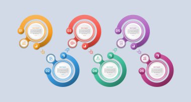 Parlak gradyan biçimli 6 nokta bilgisi, çember kombinasyonu, altı segment bilgi vektörü ile yukarı ve aşağı ok işaretleyicisi ile kesim