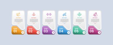 Dikey yuvarlak kutulu 6 noktalı bilgi grafikleri, dipnot şekli ve 6 doğru parçalı bilgi vektörü