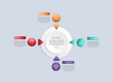 Çembersel taban bilgisi, parlak gradyan stili, ok dairesel merkezli ve dört doğru parçalı bilgi vektörüyle büyük bir katman merkezi.