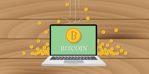Bitcoin pengar med laptop och guld mynt — Stock vektor