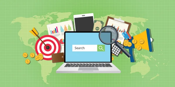 Sem moteur de recherche marketing seo analyse publicitaire ordinateur portable — Image vectorielle