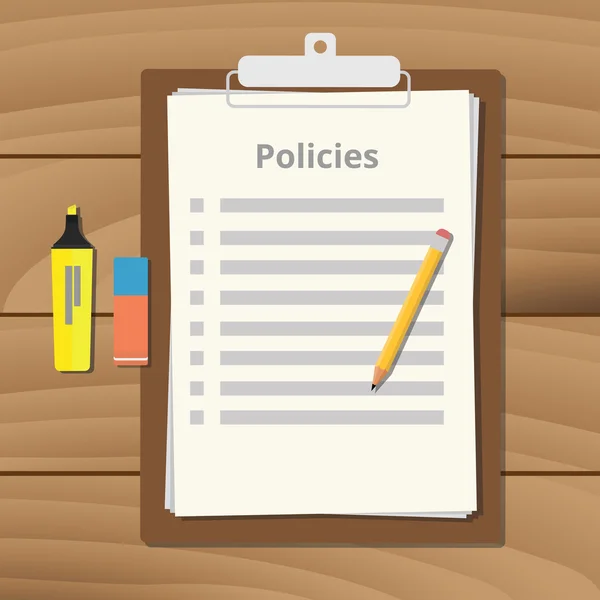 Policies policy document checklist list with clipboard paper pencil — Stock Vector