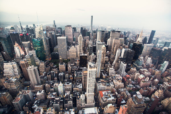 NEW YORK CITY, USA - MAY 12, 2015: Beautiful aerial view of Manhattan skyline at sunset in summer, New York City, USA