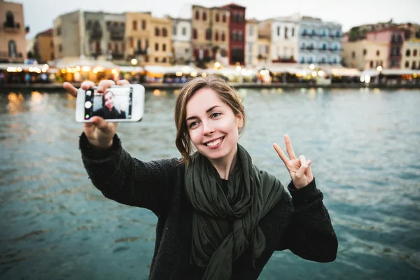 Kadın seyahat selfie Venedik 