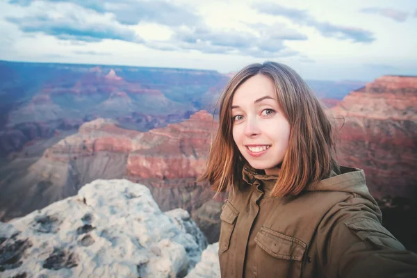 Travel hiking selfie of teenager girl